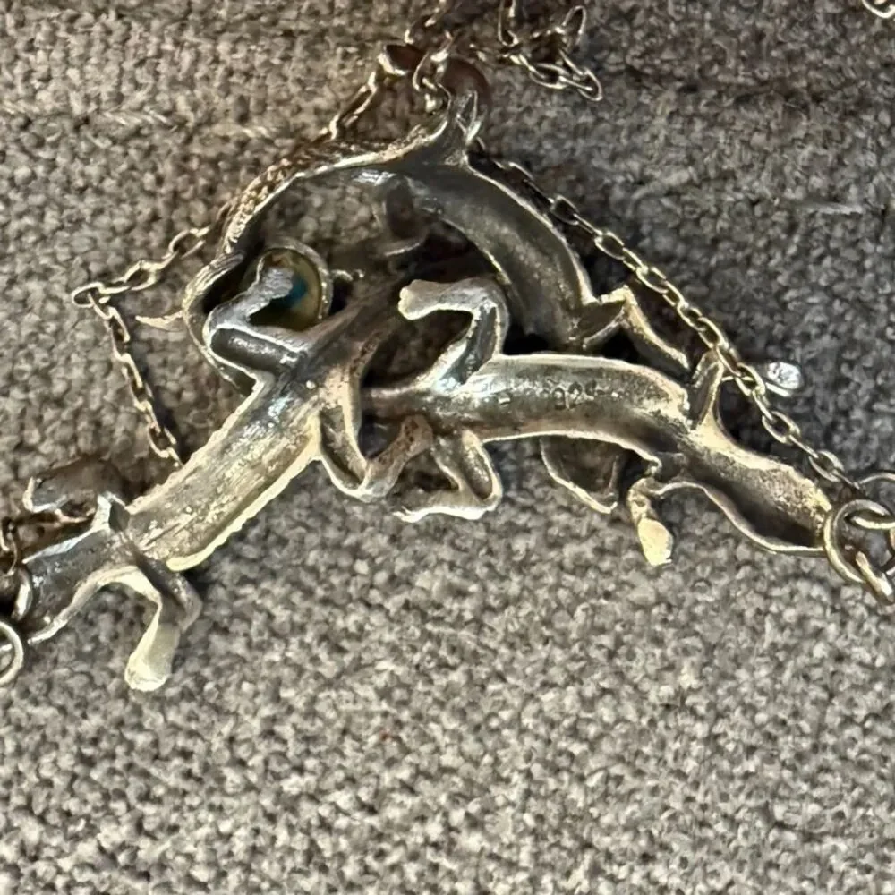 Vintage three lizard marked 925 silver necklace